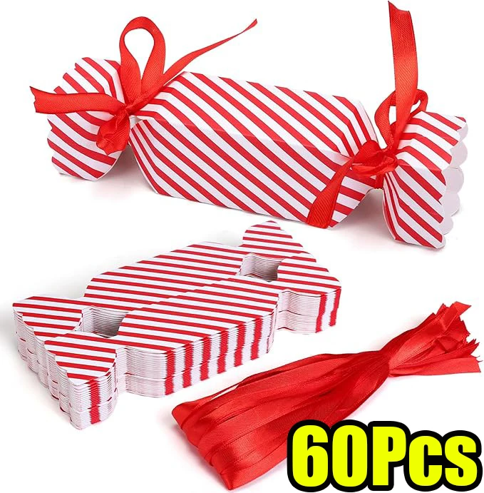 1-60Pcs Christmas Candy Boxes Empty Red Striped Candy Box Christmas Treat Boxes with Ribbon Red Striped Candy Box Chocolate Bag
