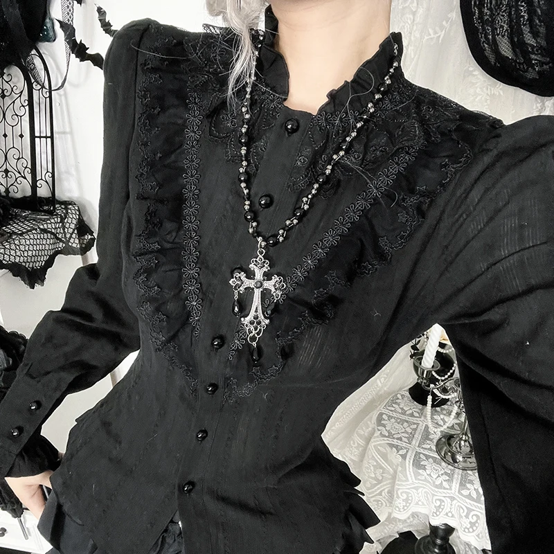 Goth Black Jacquard Long Sleeve Cotton Blouses Slim Elegant Textured Shirts Women Outfits Streetwear Partywear Halloween