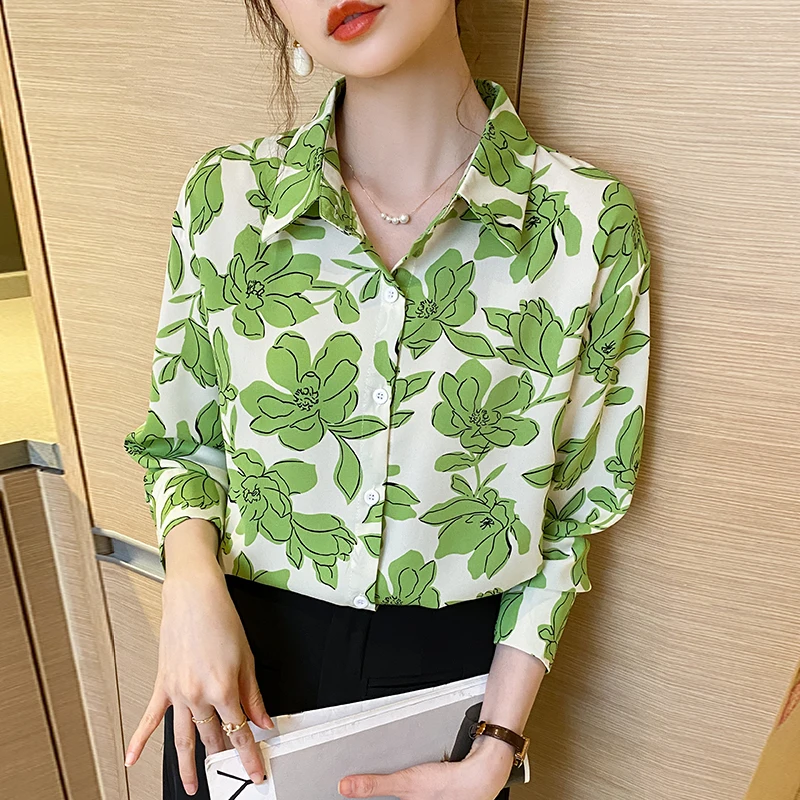 Women Spring Korean Loose Fashionable Printing Polo-Neck Long Sleeve Chiffon Shirts Women Clothes Casual All-match Trend Tops