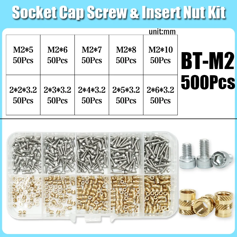 Messing-Einsatzmutter und Edelstahl-Schraubensatz M2 M3 M4 Gewinde Heat Set Einsätze Drucken 3D-Kupfer-Heißschmelzmuttern Maschinenschraube
