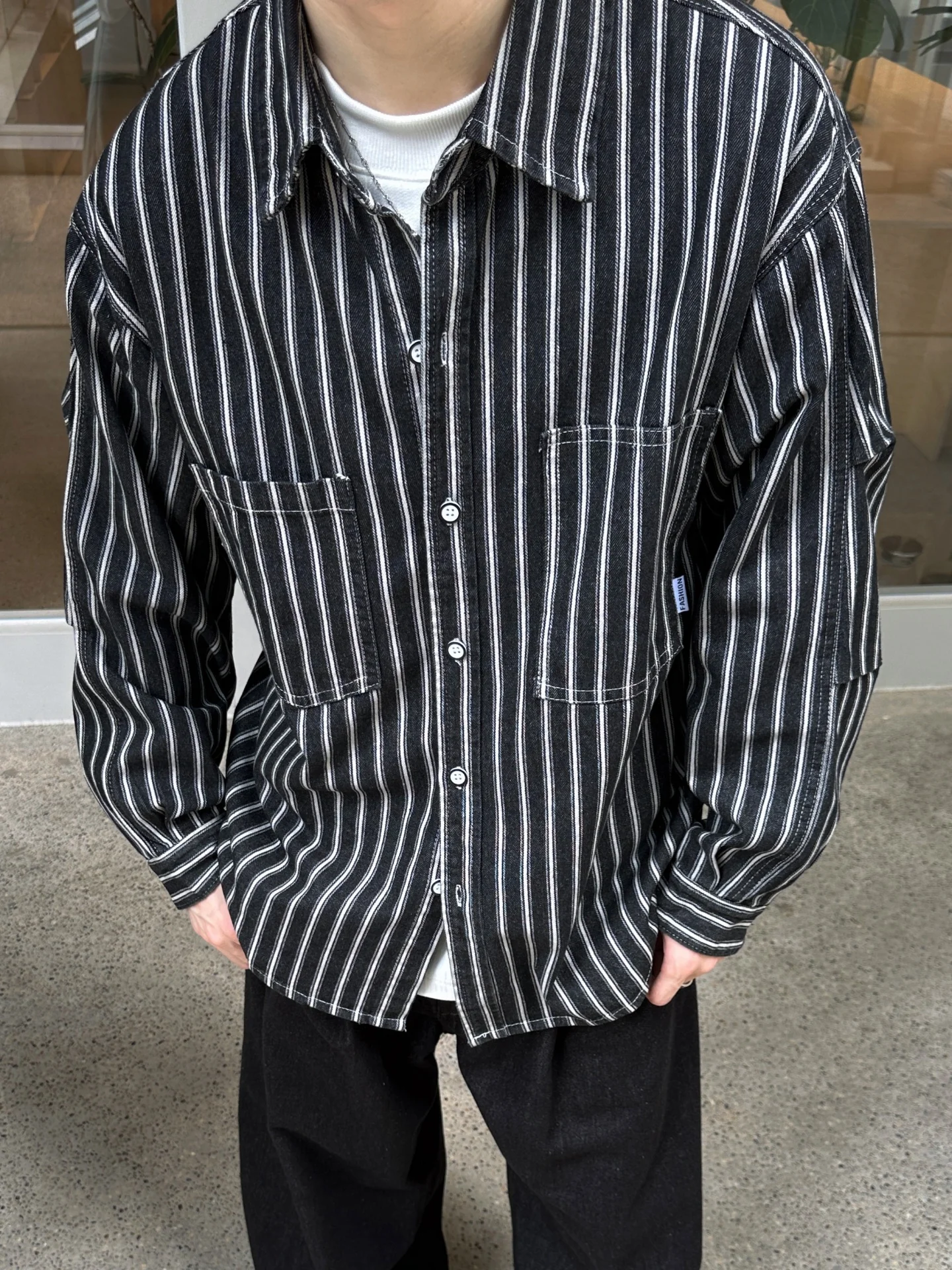 Loose Fit Men's Casual Denim Shirt Autumn Season Cleanfit Workwear Jacket Long Sleeve Button up Striped Pattern