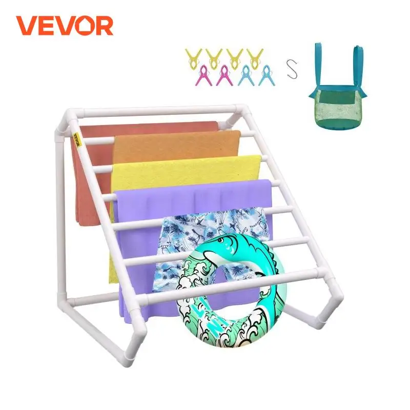 VEVOR Pool Towel Rack 8 Bar White Freestanding Outdoor PVC Triangular Poolside Storage Organizer Include 8 Towel Clips Mesh Bag