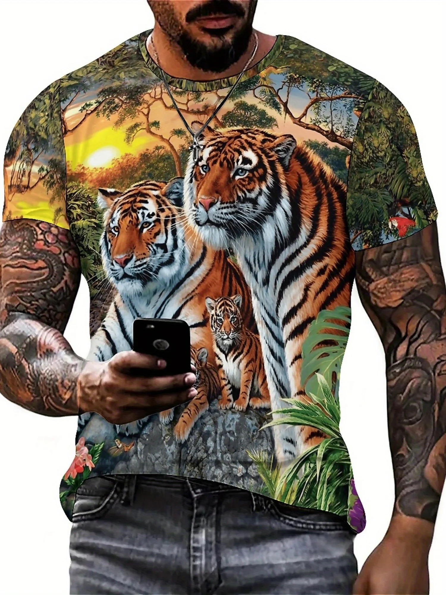 Camiseta masculina com estampa 3D Tiger Family – Design Vibrant Sunset, ajuste solto, manga curta, poliéster, camiseta casual de verão