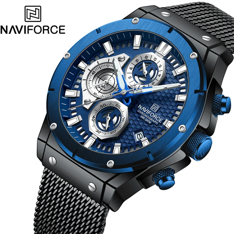 

NAVIFORCE Quartz Watch for Men Fashion Sport Waterproof Chronograph Stainless Steel Strap Wristwatch Date Luminous Hands Clock