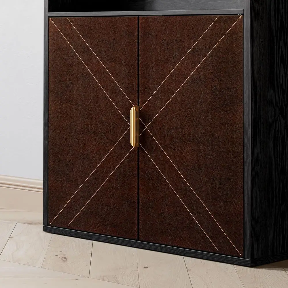 رف كتب وخزانة كتب بأبواب جلدية، رف كتب بطول 70 بوصة، علبة عرض مكونة من 6 طبقات على الأرض للمكتب المنزلي وغرفة المعيشة، #5