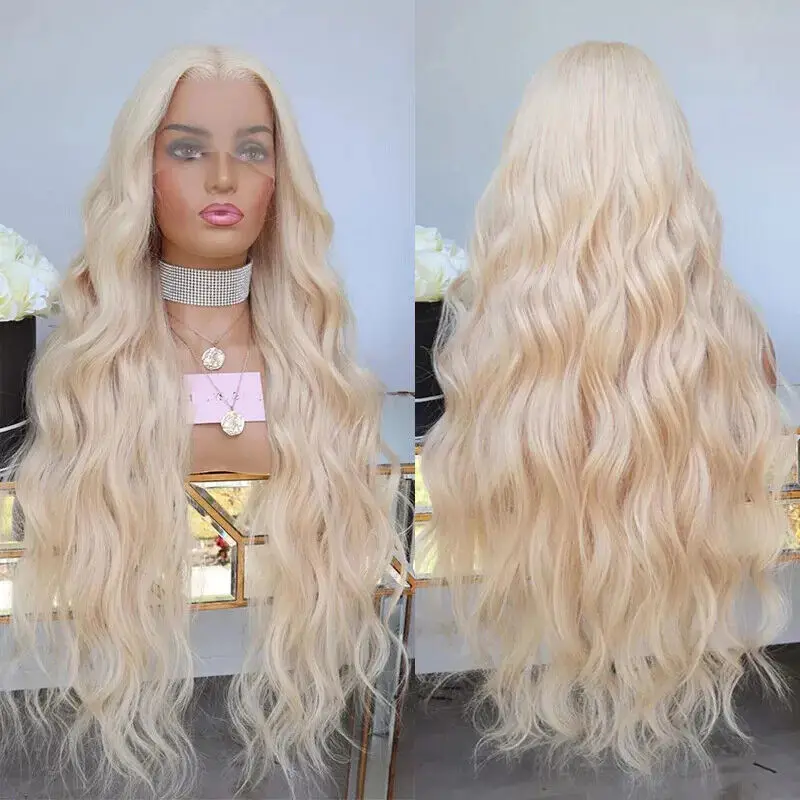 T Lace Front Wigs Bleach Blonde Heat Resistant Synthetic Hair Water Wavy Long