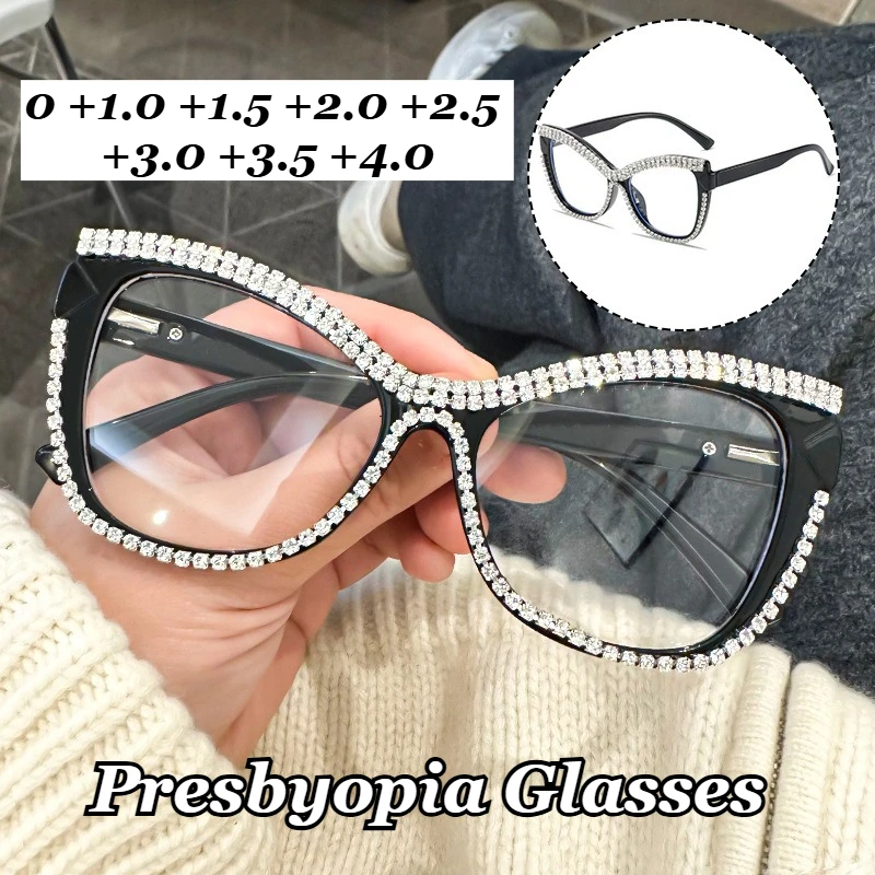 

Men Women Cat Eye Reading Glasses Retro Large Frame Diamond Inlaid Presbyopia Glasses Oversized Anti-Blue Light Glasses