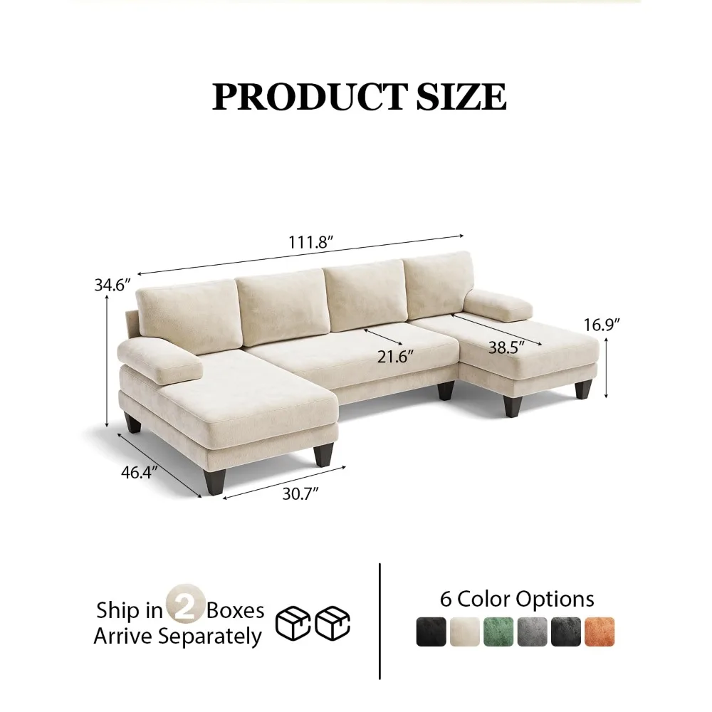 U-Shaped Sectional Couches for Living Room,112 Inch Modern Sectional Couch | Warm White Chenille Sofa with Double, Customized