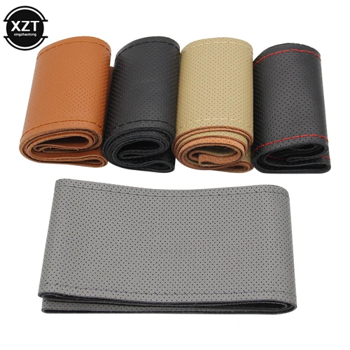 Imagen 2 del producto 42cm 45cm 47cm 50cm cubierta de cuero de vaca para volante de coche camión multiusos todo agujeros DIY cubierta de volante de cuero cosido a mano