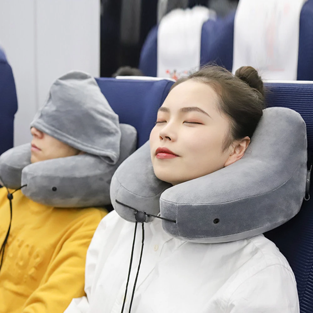 Portable U-Shaped Pillow H-Shaped Inflatable Pillow Inflatable Neck Pillow With hood Car Neck Rest Cushion Travel Neck Pillow