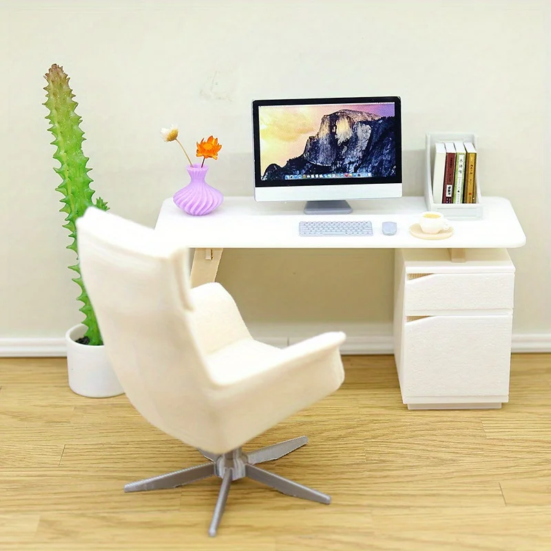 1/2 PCS Mini Office Table Desk Chair Doll House Furniture Simulation Accessories Miniature Model Display Props Pretend Play Toy