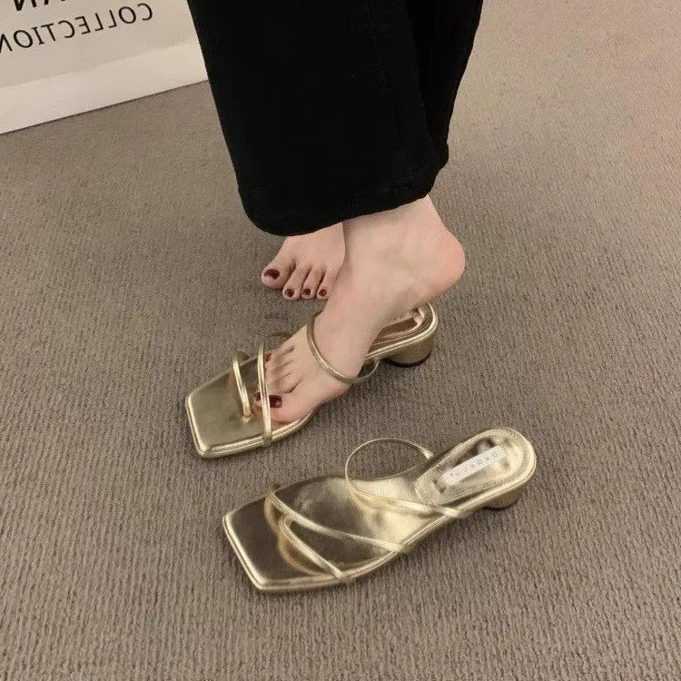 2024 new summer French style sandals paired with skirts and thin strap sandals Thick heeled silver slippers fairy women shoes