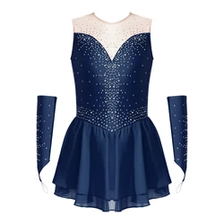 Vestido feminino de patinação artística com luvas, Strass brilhante, Collant de ginástica rítmica, Ballet Tutu, Crianças, Meninas