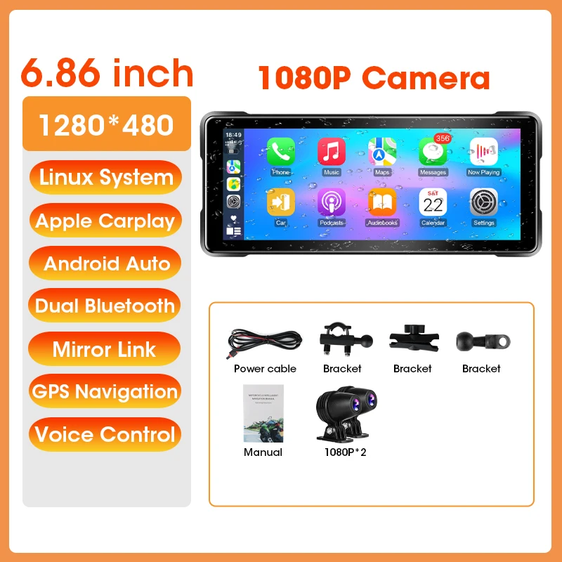 Srnubi 5/6.86 "Draagbare Carplay Motornavigatie GPS Smart Player Ondersteuning Carplay Android Auto IP67 Waterdichte Monitor DVR