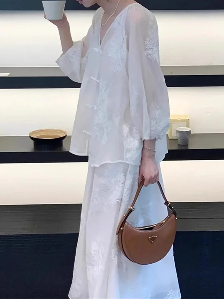 Two Piece New Chinese Summer Dress Sets White Fashion Slim V-neck Dress Sets Female Simple Basic Sweet Ladies Women Dress Set