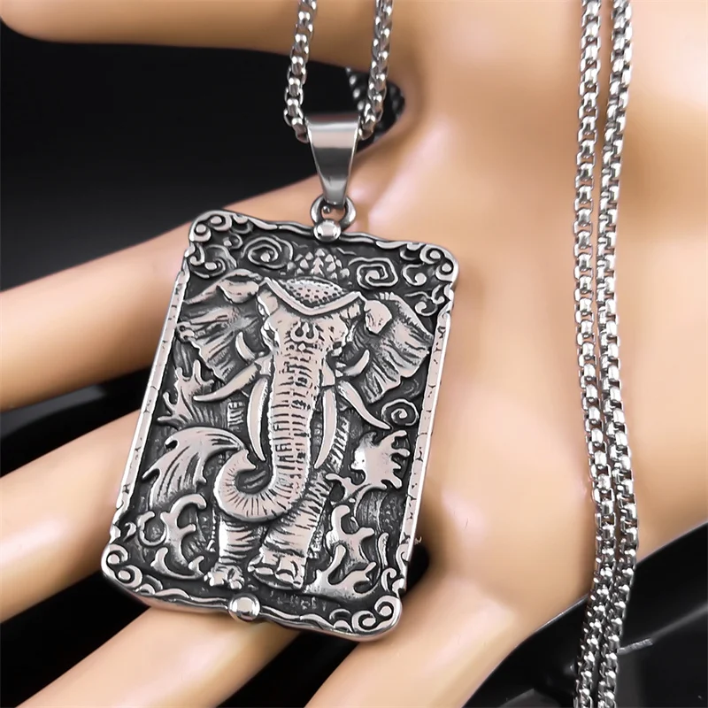 Hindu Ganesha Buddha Elephant Pendant Necklace for Women Men Stainless Steel Silver Color Geometry Spirit Chain Jewelry NZZ438S2