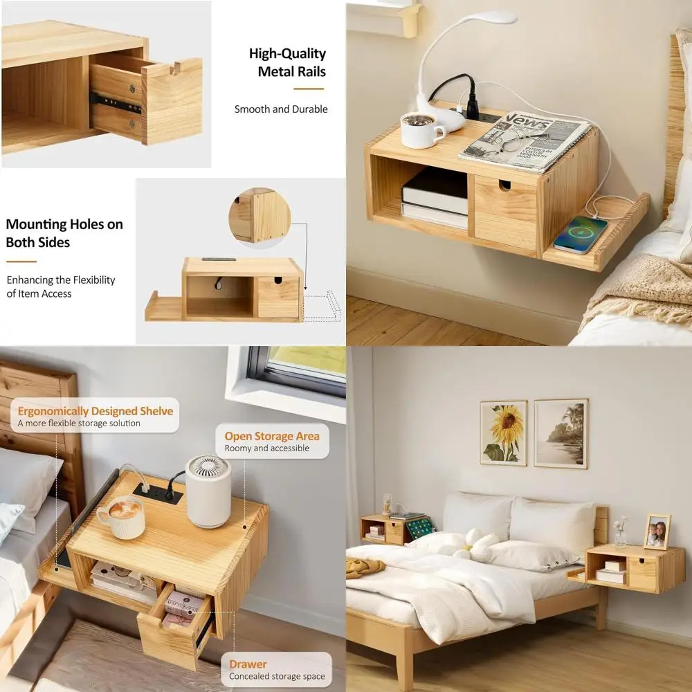 

Floating Nightstand with Charging Station, Wall Mount Night Stand with Drawer Hanging Bedside Table End Table, Solid Wood Modern