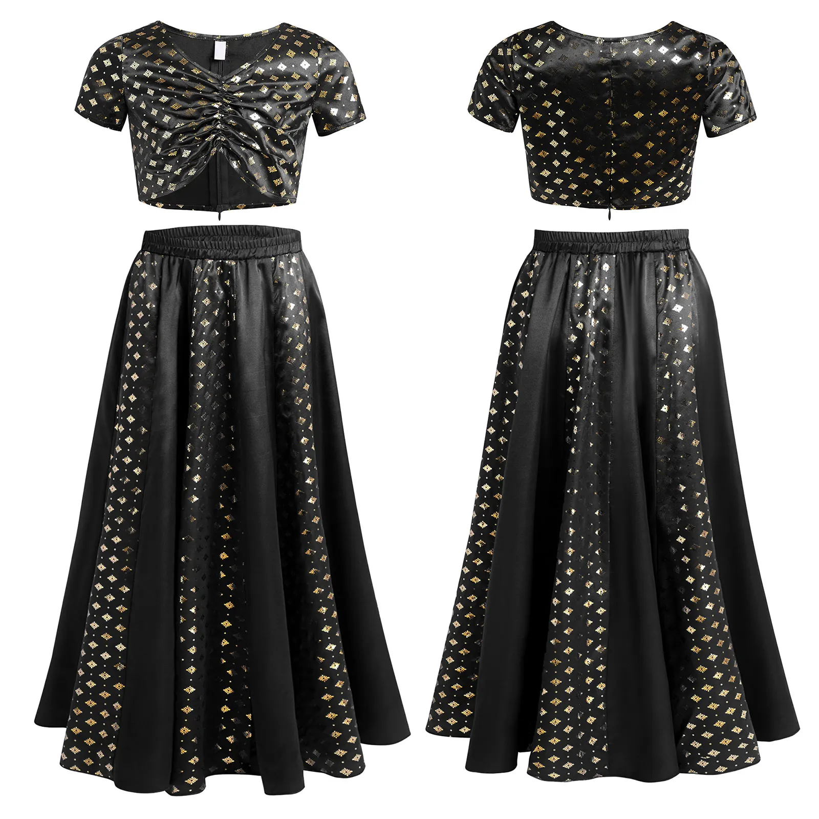 สาวอินเดีย Lehenga Choli ชุดแขนสั้นพิมพ์ลายดอกไม้เมทัลลิคซาติน Crop Top พร้อมกระโปรงสําหรับ Halloween Masquerade Role Play