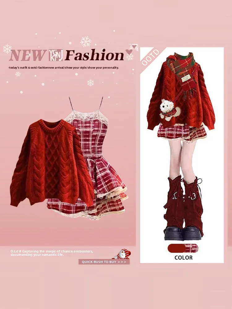 

Cisas Aosphere красный вязаный свитер с кружевными ремешками, пышная юбка, комплект, женский милый зимний модный костюм из двух предметов