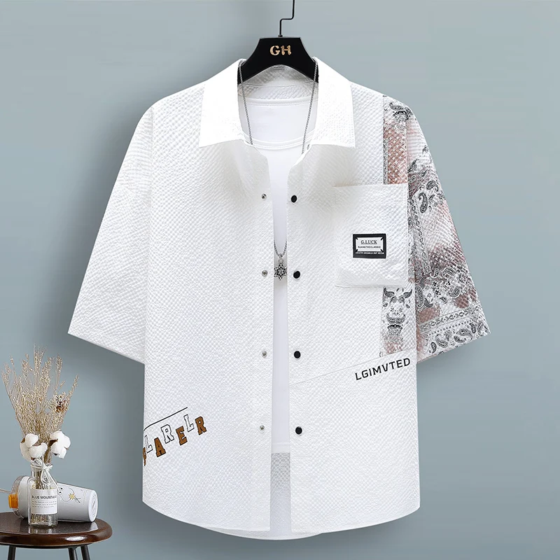 

Ice Silk Printed ort Sve irt Men's Casual Summer Beachwear Five-Quarter Sve Hong Kong Sle Outerwear Polyester Cotton