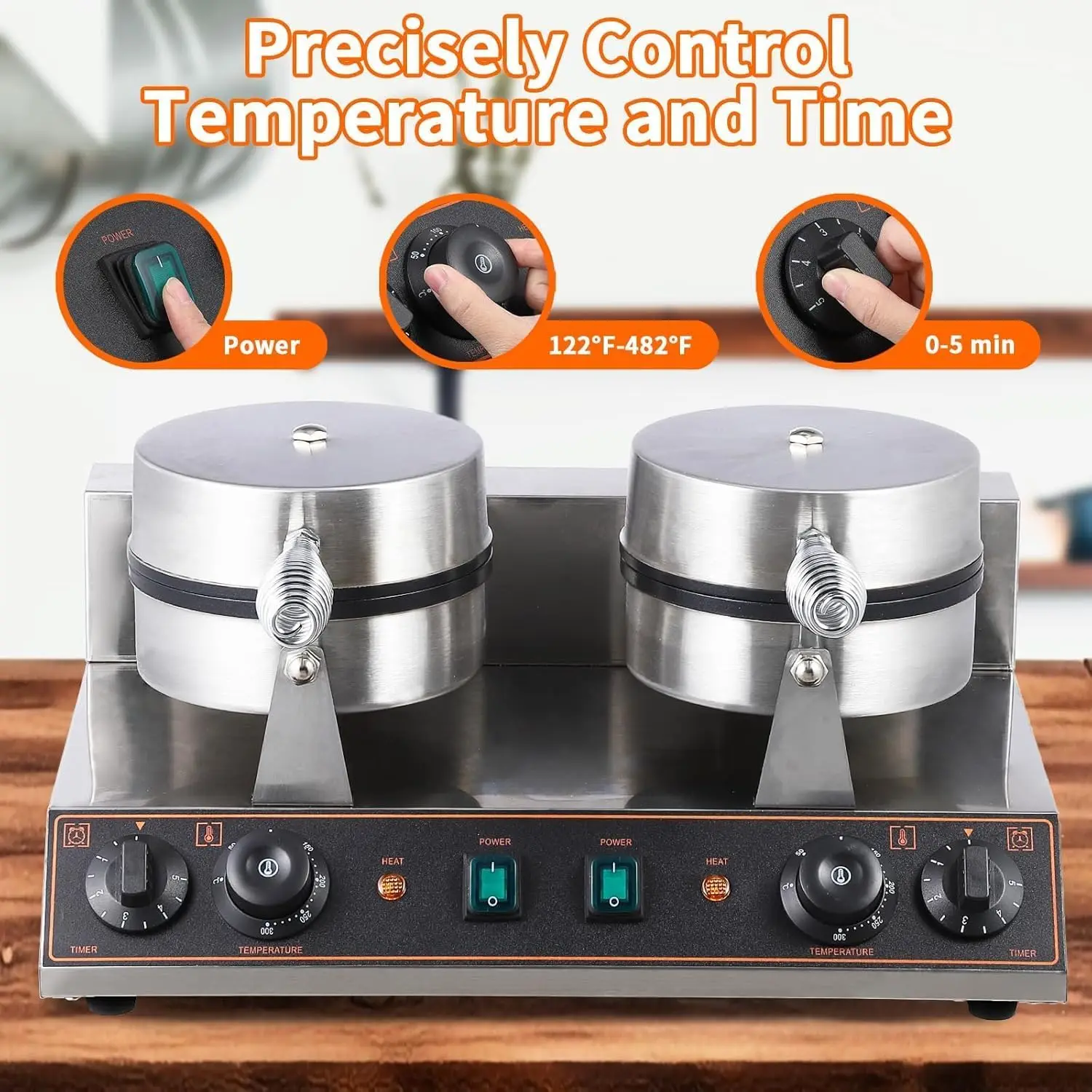 مكواة الوافل البلجيكية التجارية وصانعة الوافل المستديرة - درجة حرارة/مؤقت قابل للتعديل (0-5 دقائق، 170-250 ℃ )، لوحات دوارة غير لاصقة، مضادة لـ