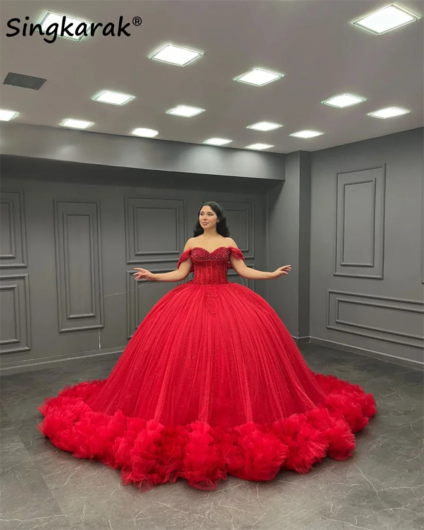 

Изысканное красное платье принцессы Quinceanera милое 16 платье с бисером жемчужинами кристаллами многоярусными оборками бальное платье 15 лет