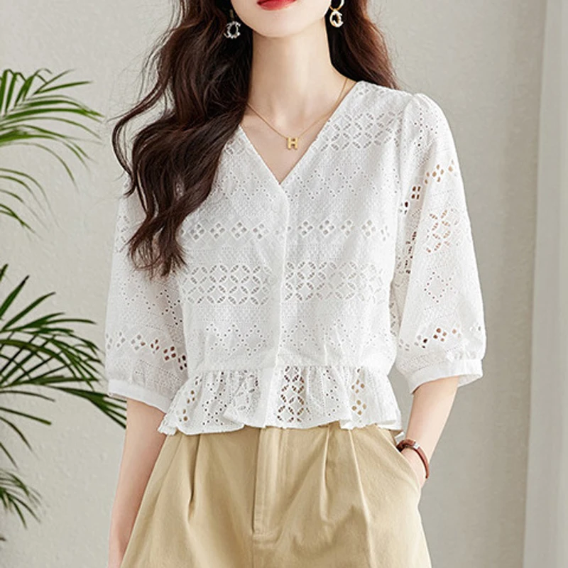 New Women Hollow Lace Embroidery White Elegant Cotton Shirts Summer Trendy Ruffle V Neck Slim Chic Blouses Blusa Mujer Moda 2023