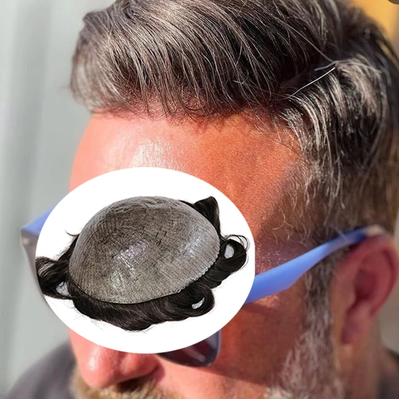 Natural Hairline Full Skin PU Base Mens Toupee Human Hair  #1B80 #1B10 Grey Black Brown Capillary Prosthesis Replacement System