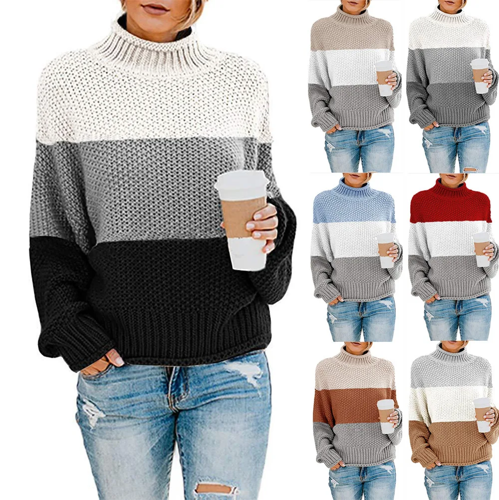 

Autumn Winter Women's Coarse Tead High Collar Sweater Knitted Knitwear Regular Thin A-Line ape Soft Acrylic Blend