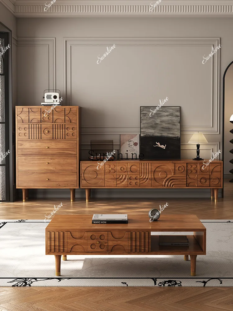 

Retro solid wood carving flower small apartment living room home storage coffee table square table FT