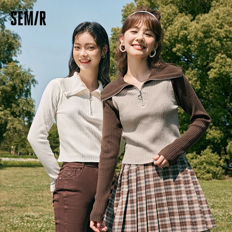 Semir 2023 Women Sweater Autumn New Short Solid Color Simple  Thin Slim Sweater  All-match Temperament Sweater for Women