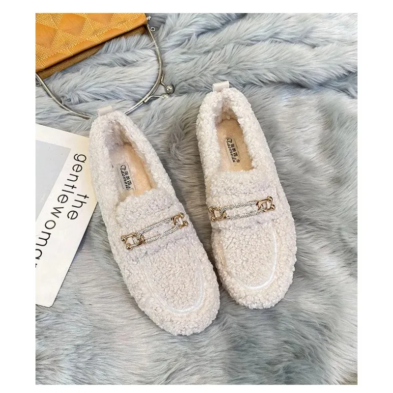 Winter Slip On Furry Flats Cotton Wool Mocasine Femme Barefoot Boots Luxury Sheep Fur Lined Loafers Women Lambswool Shoes Ladies