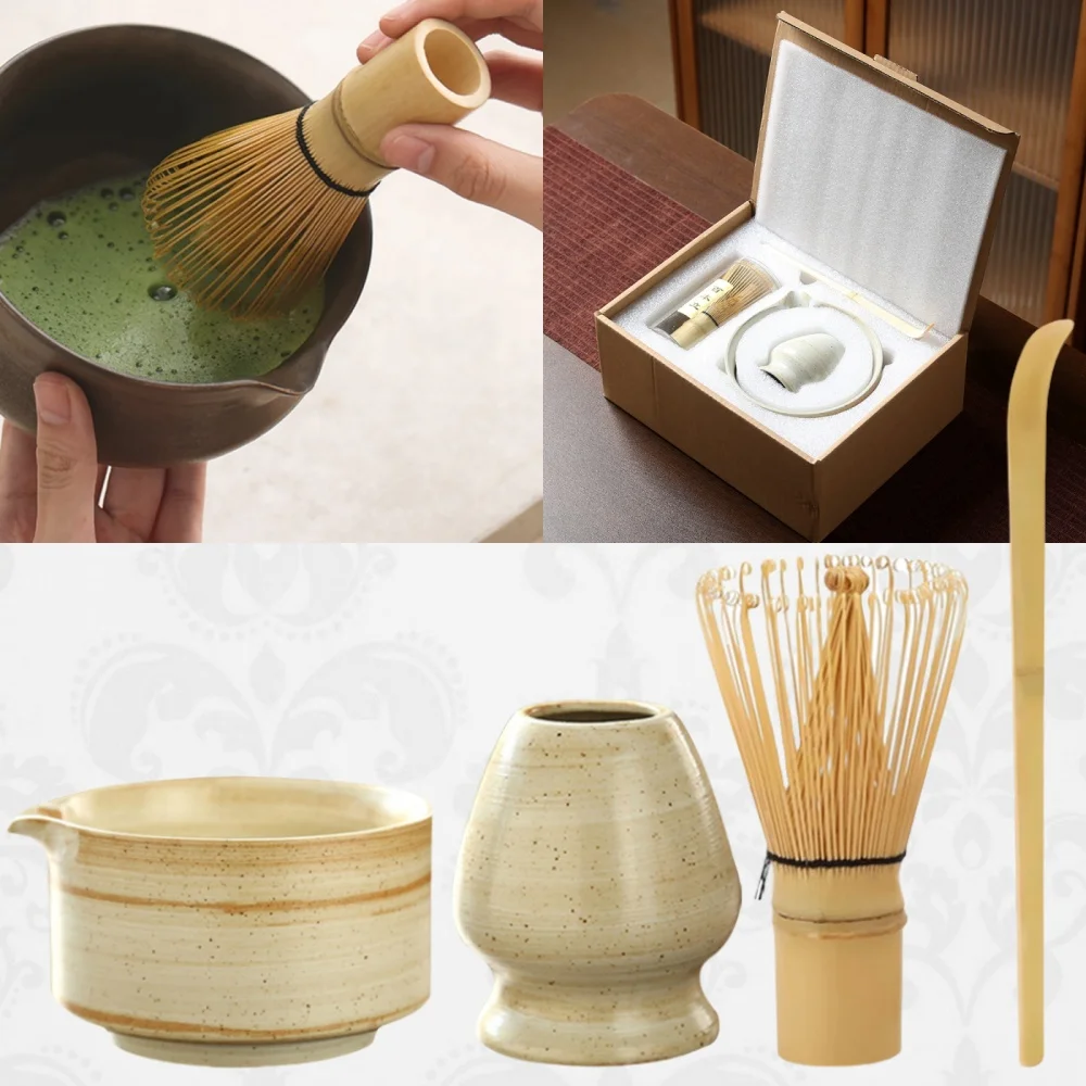 

4PCS Japanese Matcha Tea Set Includes Match Bowl with Spout and Bamboo Whisk Matcha Whisk Stand Chasen Holder Teaspoon Set