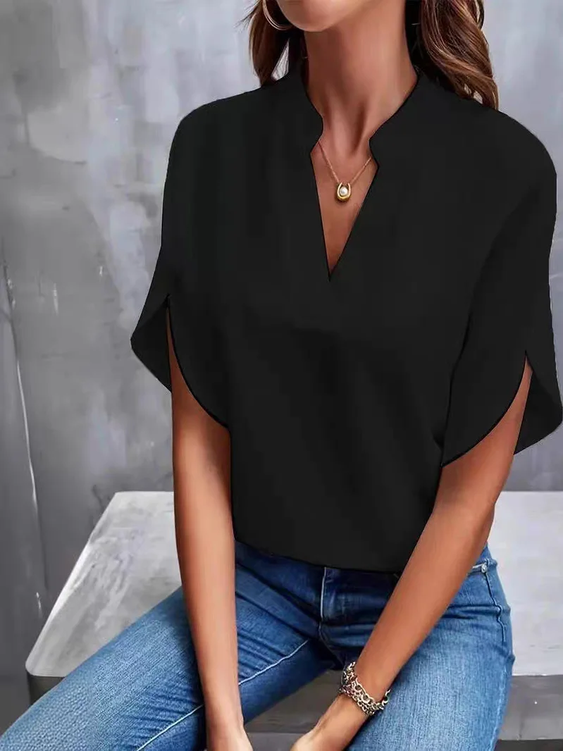 カジュアル Vネック レディース シンプル 無地 ルーズフィット オルト スベ 日常着 夏 ファッション レディース プレミアム品質 トップス