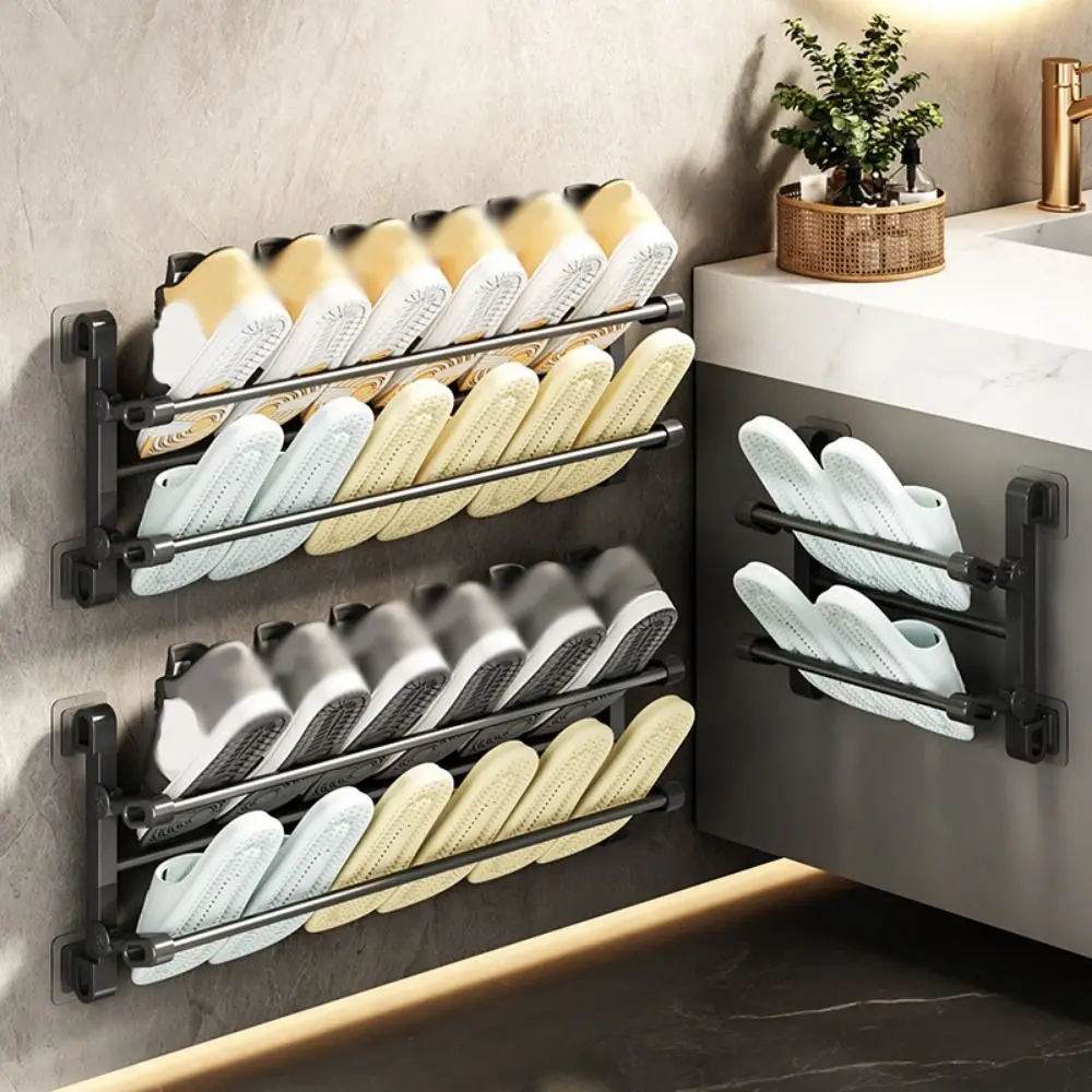 

Wall Mounted Hanging Shoe Storage Shelf Drill-Free Double Layer Folding Slippers Rack Easy Installation Portable