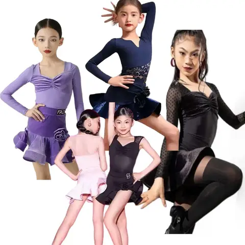 ballroom latin Polka Dot Velvet Lace skirt dress girl kids american dance rumba cha cha samba tango costume competition practice