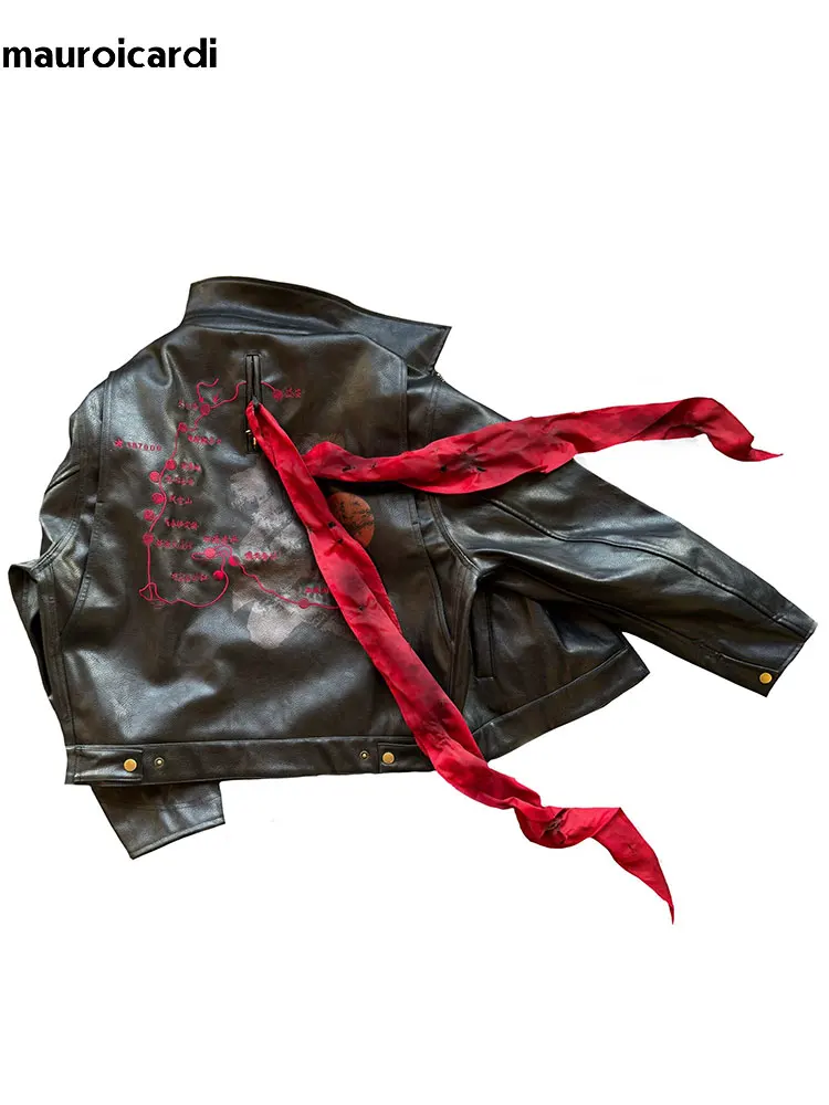 Mauroicardi Spring Autumn Short Black Printed Embroidered Pu Leather Jacket Men with Detachable Red Ribbon Zipper Cool Clothes