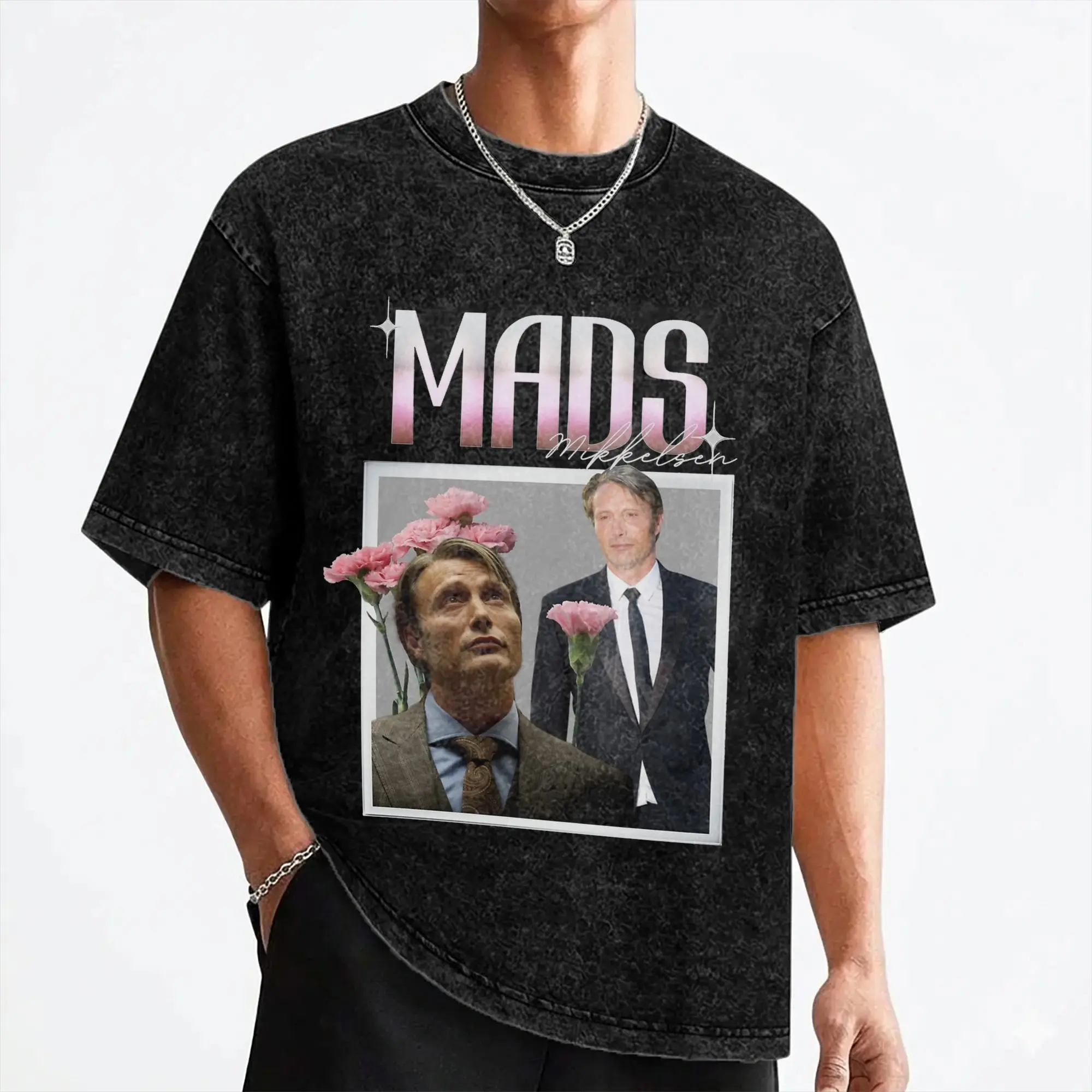 Mads Mikkelsen Actor T Shirt Washed Short Sleeve Harajuku T-Shirt  Novelty Men Women Streetwear Printed Tee Shirt
