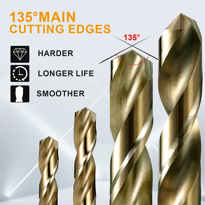 Cobalt Drill Bits Set M35 High Speed Steel Twist Jobber Length for Hardened Metal, Stainless Steel, Cast Iron and Wood Plastic