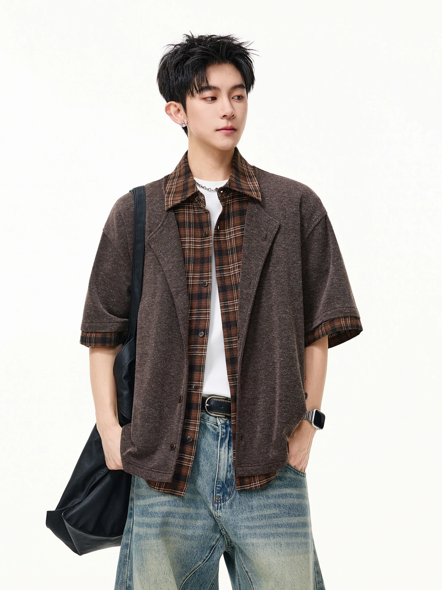 

Street Sle Retro Plaid Splicing ort Sve Loose Casual irt ex Youth Wear Resistant Chinese Brand Summer irt