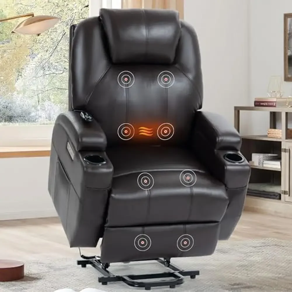 Electric Power Lift Recliner Chair Elderly Heavy Duty Motion Mechanism 8-Point Vibration Massage Lumbar Heating Two Cup Holder