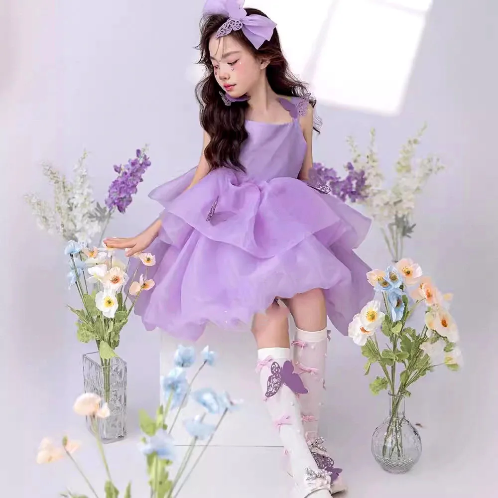 Girls Party Dress Purple Solid Color Dress For Girls Princess Dress Sling Mesh Tulle Skirt Kids Girl Clothes Prom Birthday Party