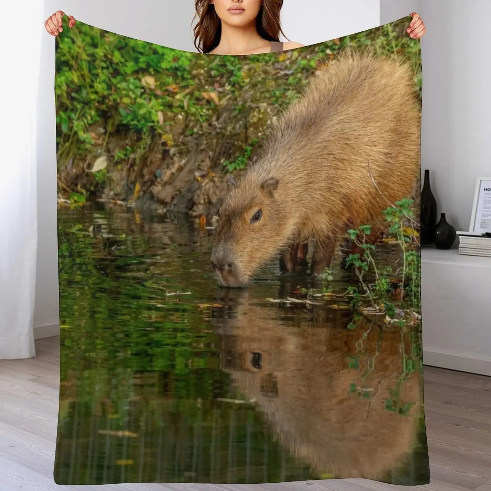 

Capybara taking the water Throw Blanket Stain Resistant Cozy Warm Blanket