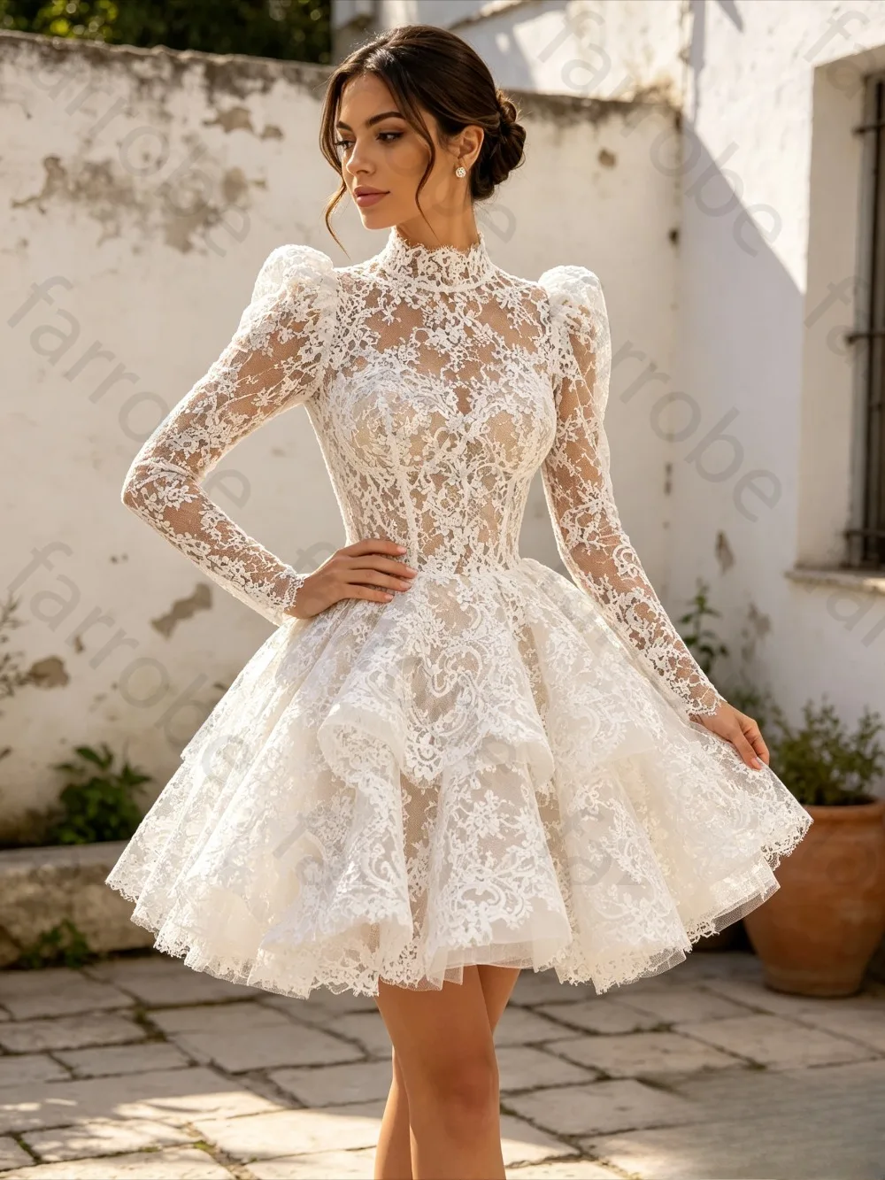 Customized 2026 Luxury High Neck Lace Mini Wedding Dress Puff Long Sleeves Short A Line Cute Bridal Gown for Reception Vintage