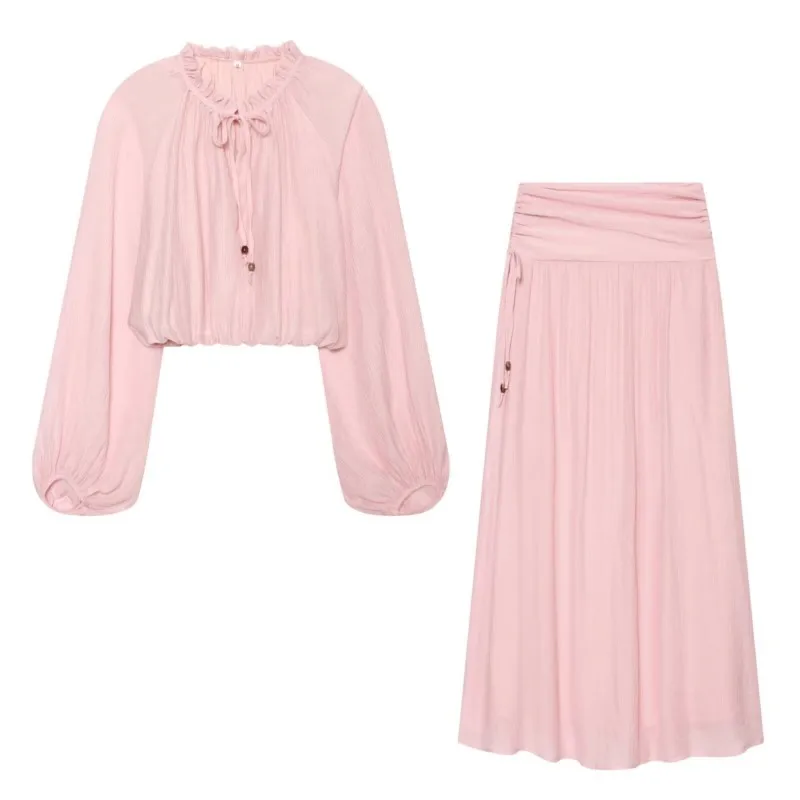 Women's Skirts Sets New 2026 Spring Summer 2 Piece Simple Lace Long Sleeve Top + Pleated Midi Waist Skirts Female Outfit