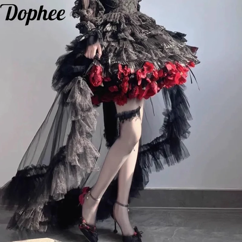 

Dophee 3d Flowers Petticoat Sweet Fairy Lolita Puffy Skirt Elegant Flying Organza Skirt Support Elastic Waist Gauze Underskirt