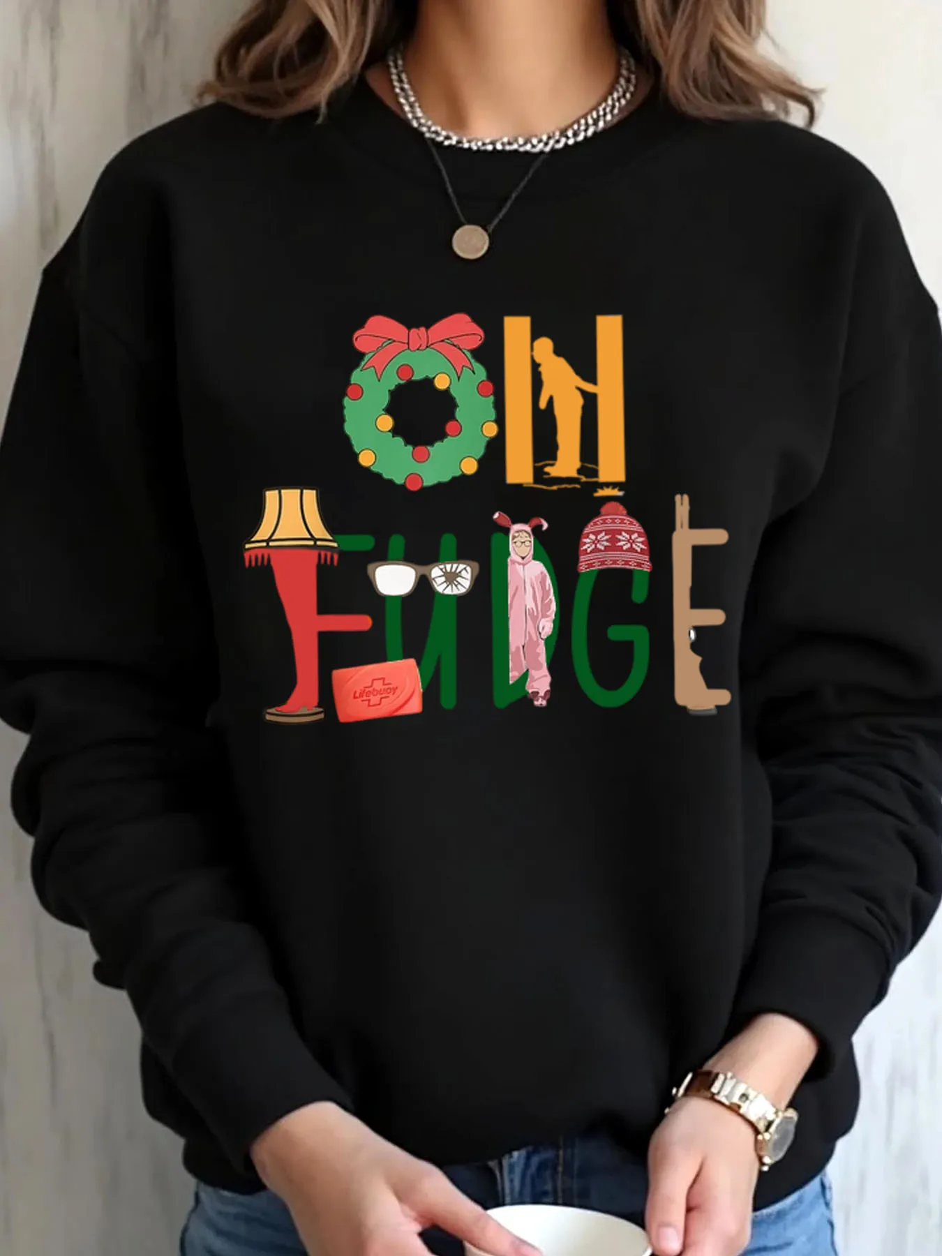 

Женская толстовка большого размера с рождественским праздничным графическим принтом Oh Fudge на открытом воздухе