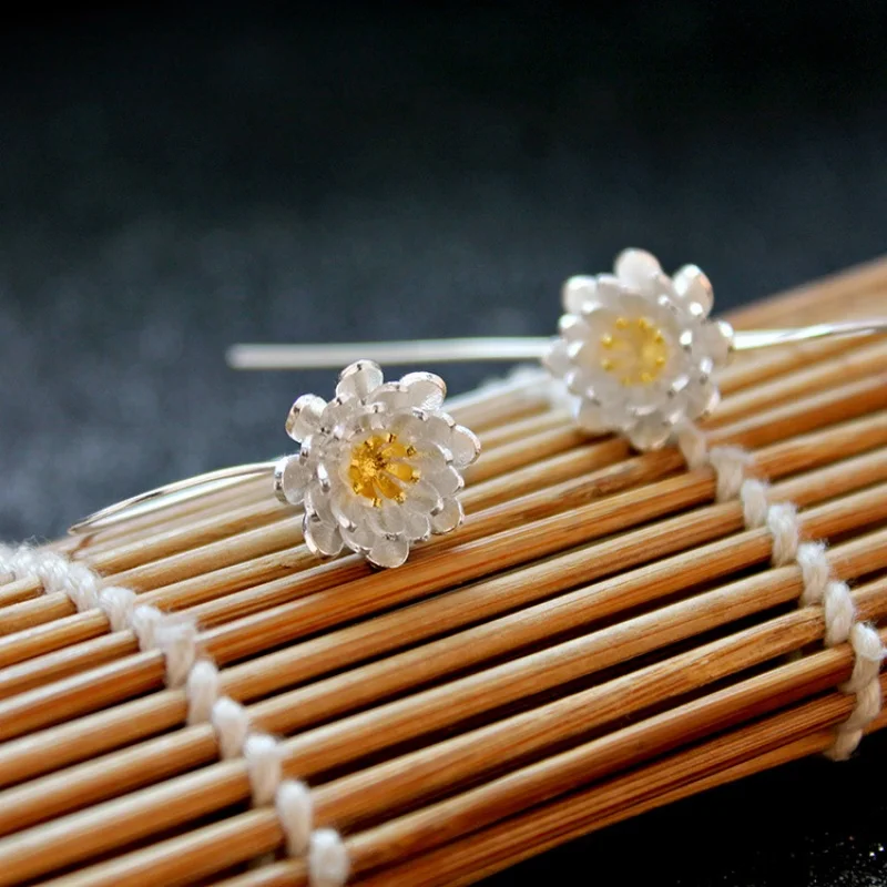 New Arrival Fashion Temperament Thai Craft Flowers 925 Sterling Silver Jewelry Ear Hook Lotus Personality Earrings E169