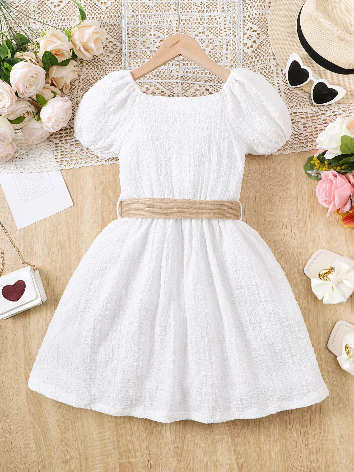 Child Girl Summer Princess Dress Short Sleeved Plain Color Skirt with Belt Banquet Party Daily Clothing for Kids Girl 8-12 Years