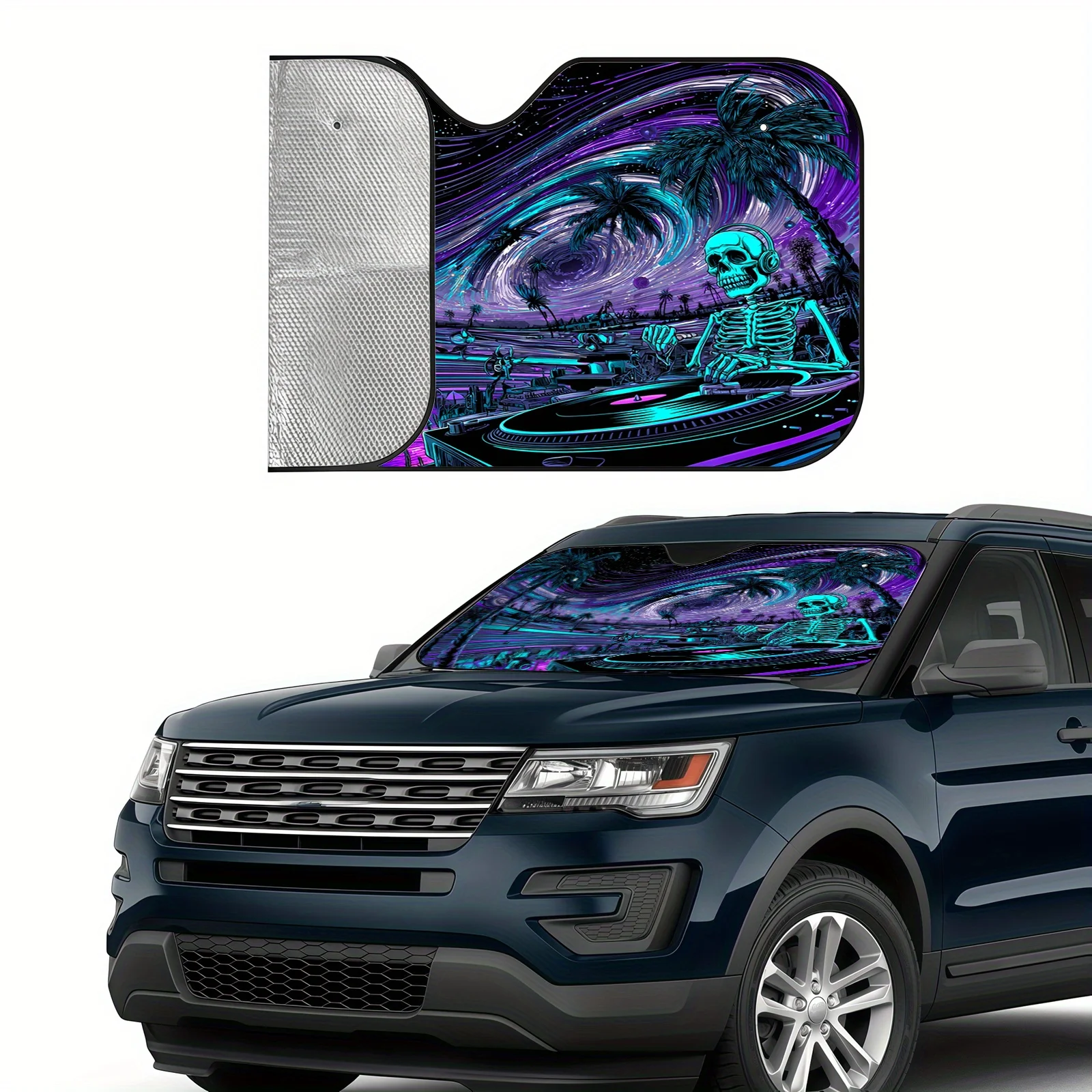 Cyber Skull DJ Car Sunshade, Featuring A Trendy Sci-fi Design, Provides Heat Insulation And High-temperature Resistance To Keep